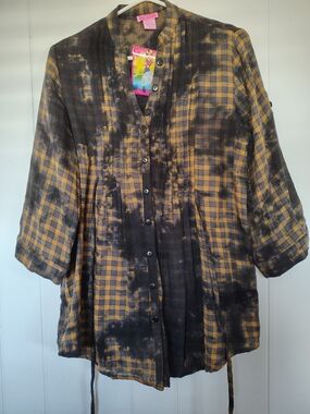 She's Cool Yellow & Black Plaid Tie-Dye Button Front Tunic Size L